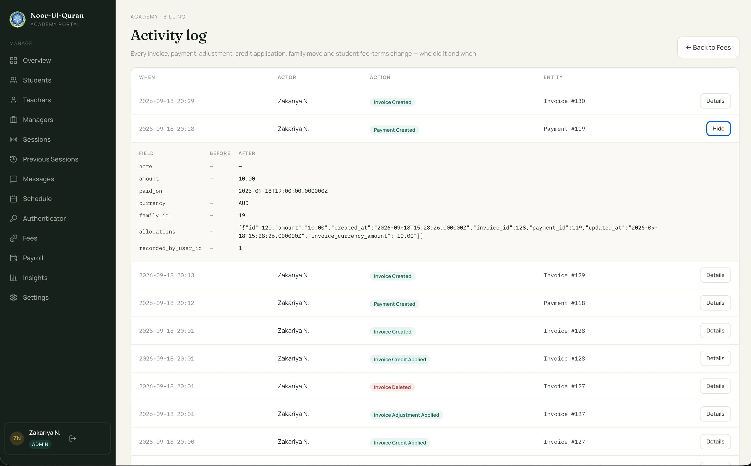 Activity log table of invoice and payment events with time and actor, with one payment row expanded to show its before and after field values.