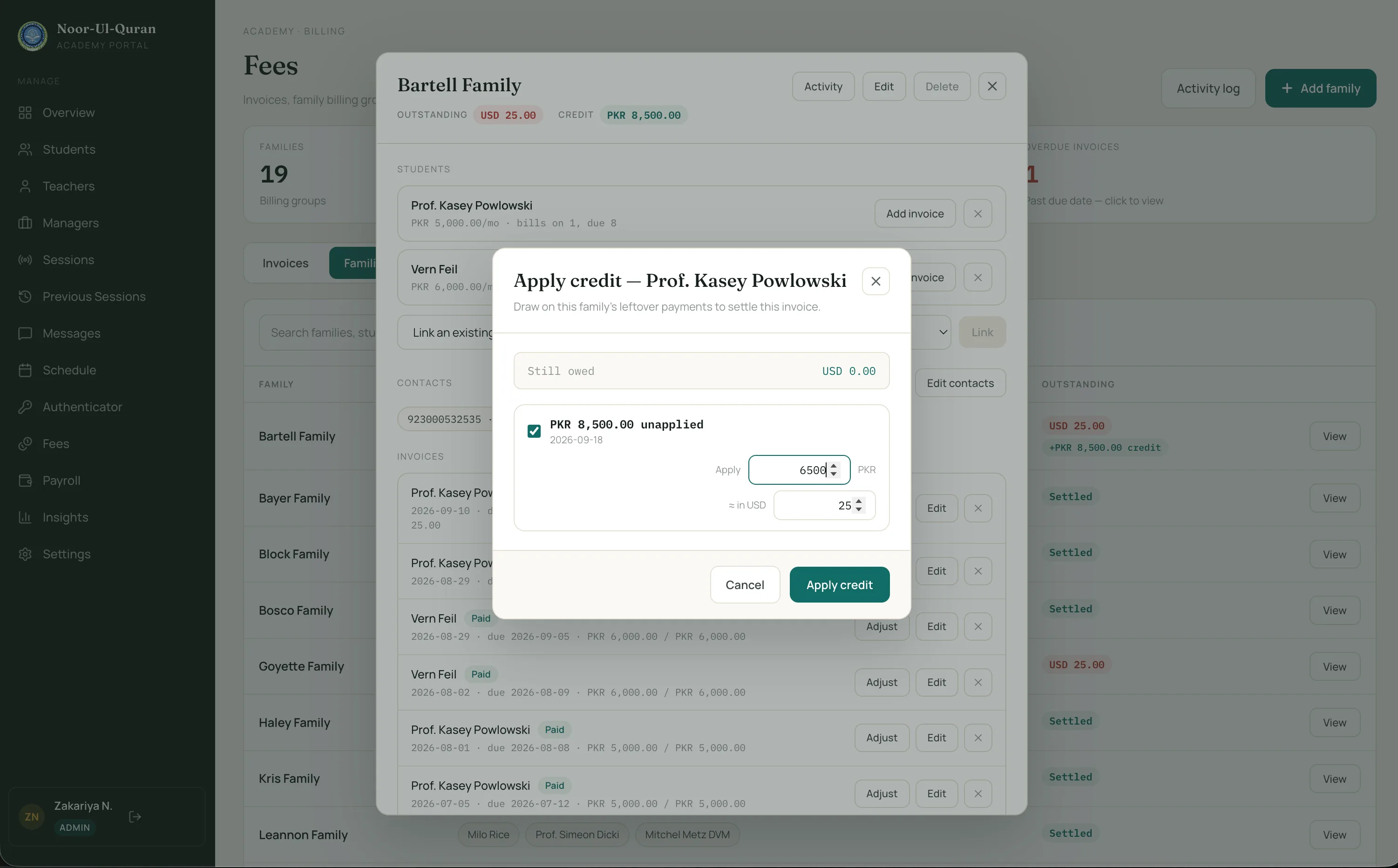 Apply credit dialog listing a PKR 8,500.00 unapplied payment, with 6500 PKR applied to a student invoice and 25 entered as the USD equivalent.