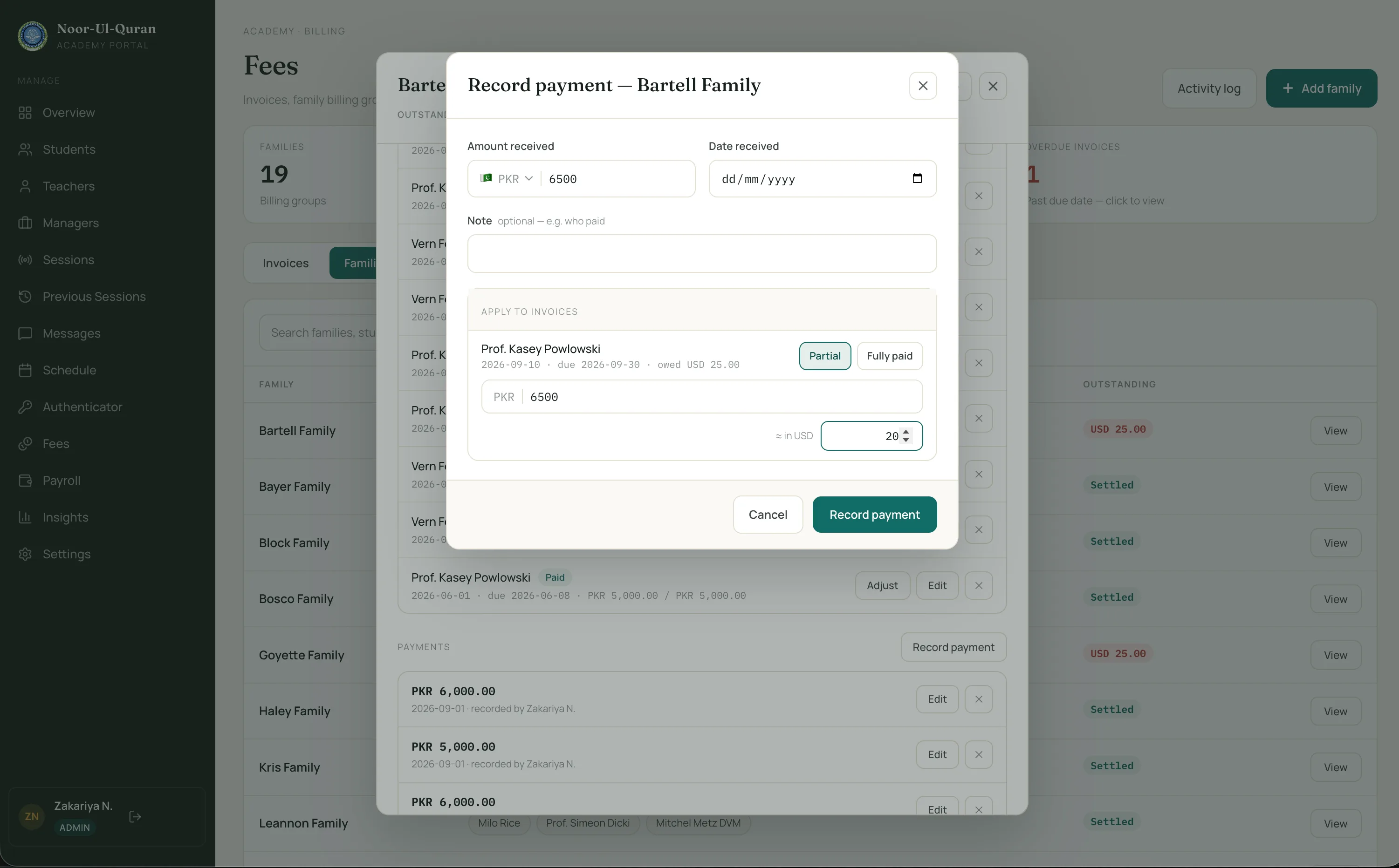 Record payment dialog with a PKR 6500 amount applied to a USD invoice, with a manually typed field labelled approximately in USD.