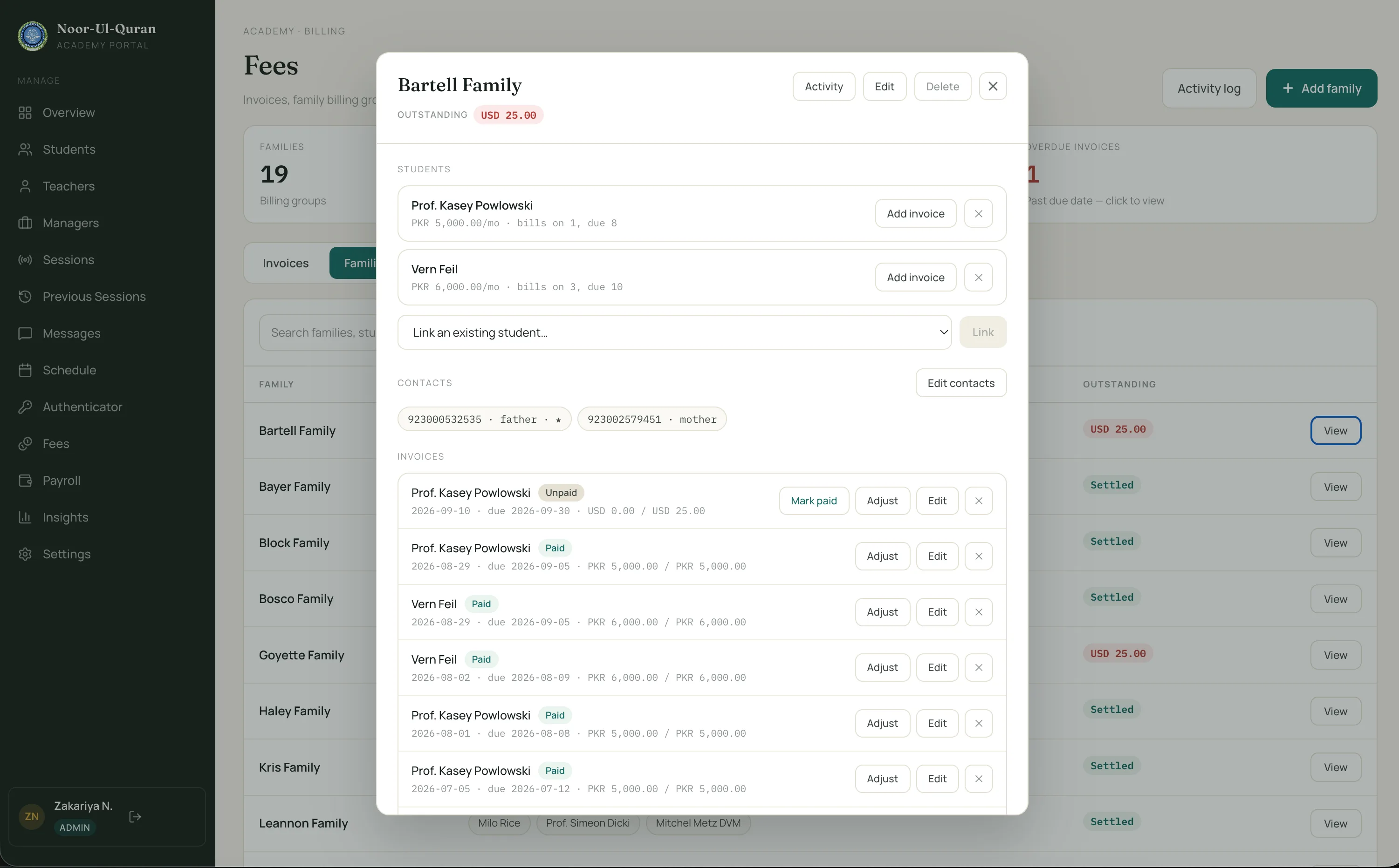 Family detail dialog showing a family's outstanding balance, its students with monthly fee and billing day, and each student's invoices with Paid or Unpaid badges.