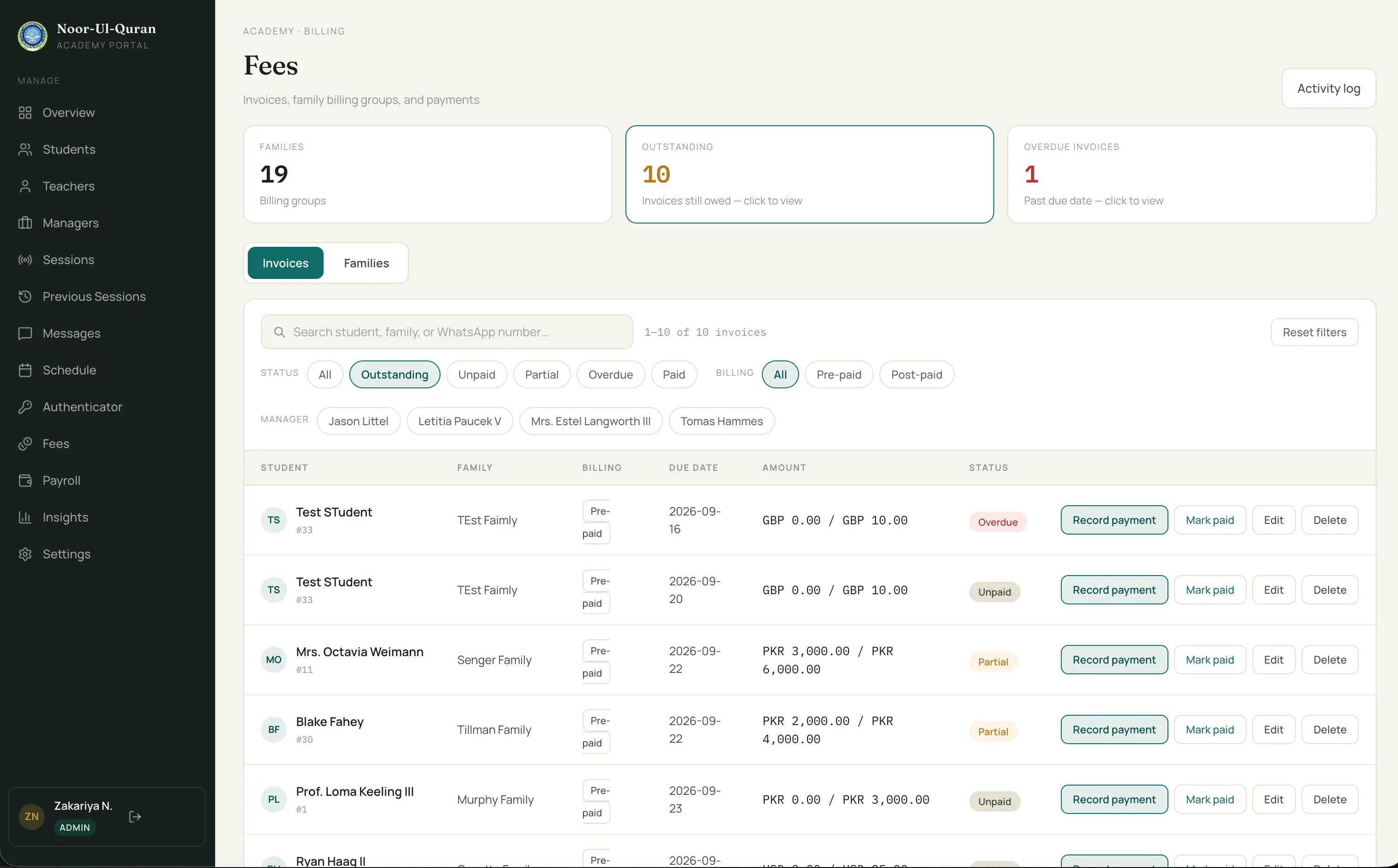Admin Fees screen with stat cards for billing groups, outstanding invoices and overdue invoices, above a filterable table of student invoices with status badges.